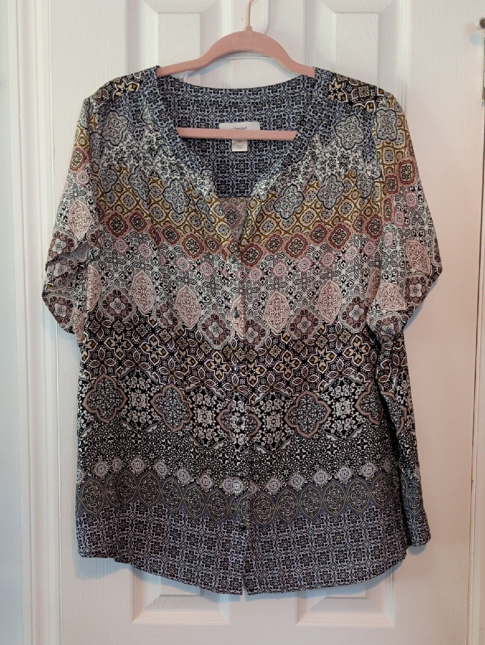 CJ Banks Black Multi-Pattern Short Sleeve V-Neck Blouse Sz 2X